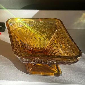 Vintage Amber Carnival Glass Pedestal Dish ✨ Iridescent Floral Candy Bowl 6.5”W
